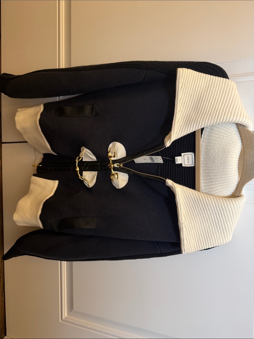 Maeve Black/Navy Knit Bomber Jacket with White Contrast Trim - Picture 2 of 5